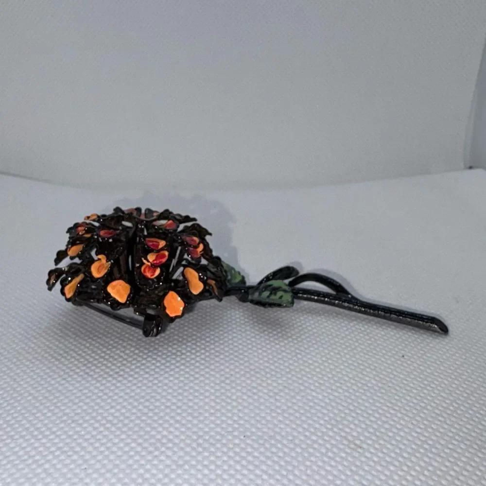Vintage MCM Flower Power Orange Dahlia Enamel Painted Pot Metal Brooch Pin
